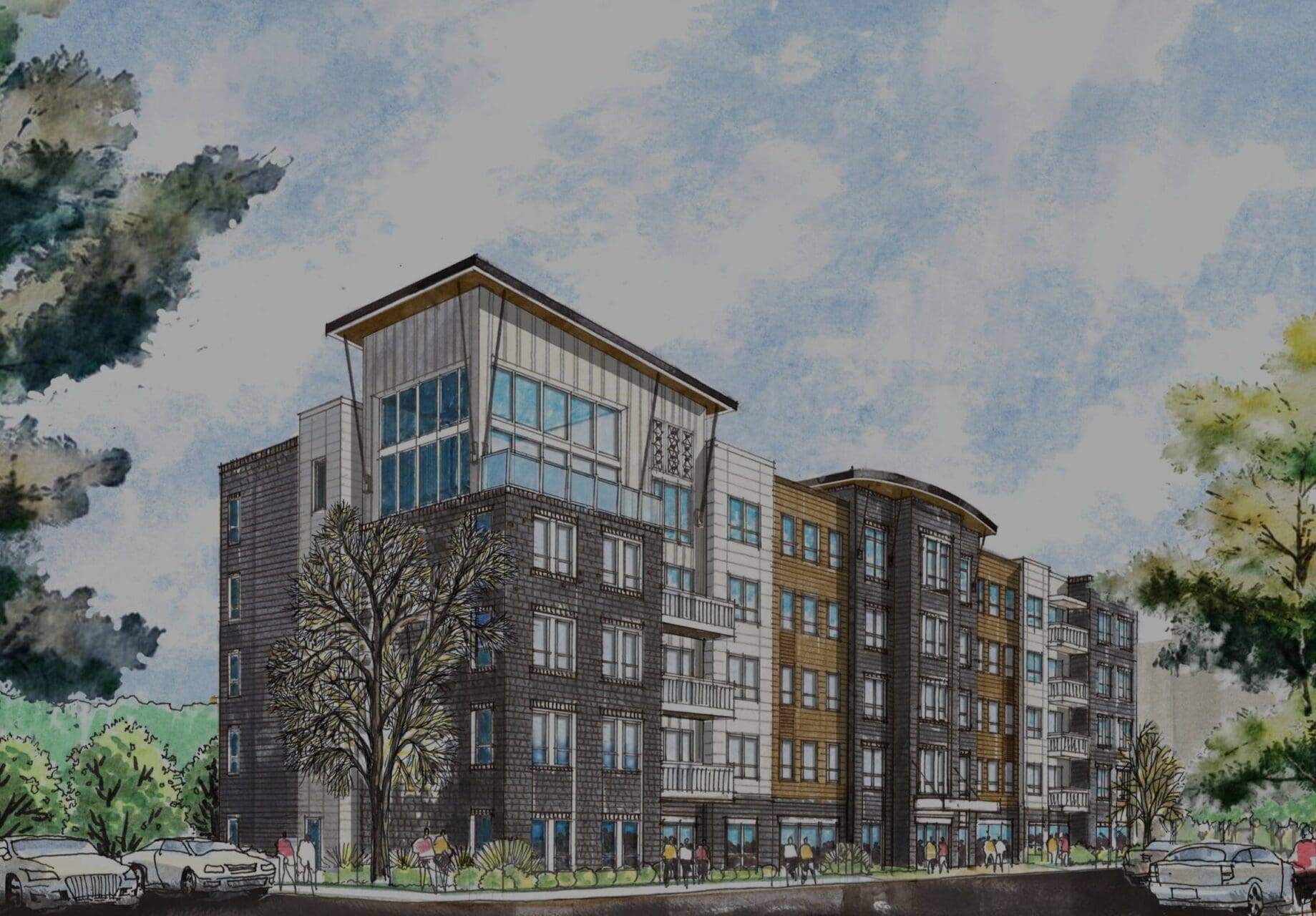 Modern multi-story apartment building with varied architectural design.
