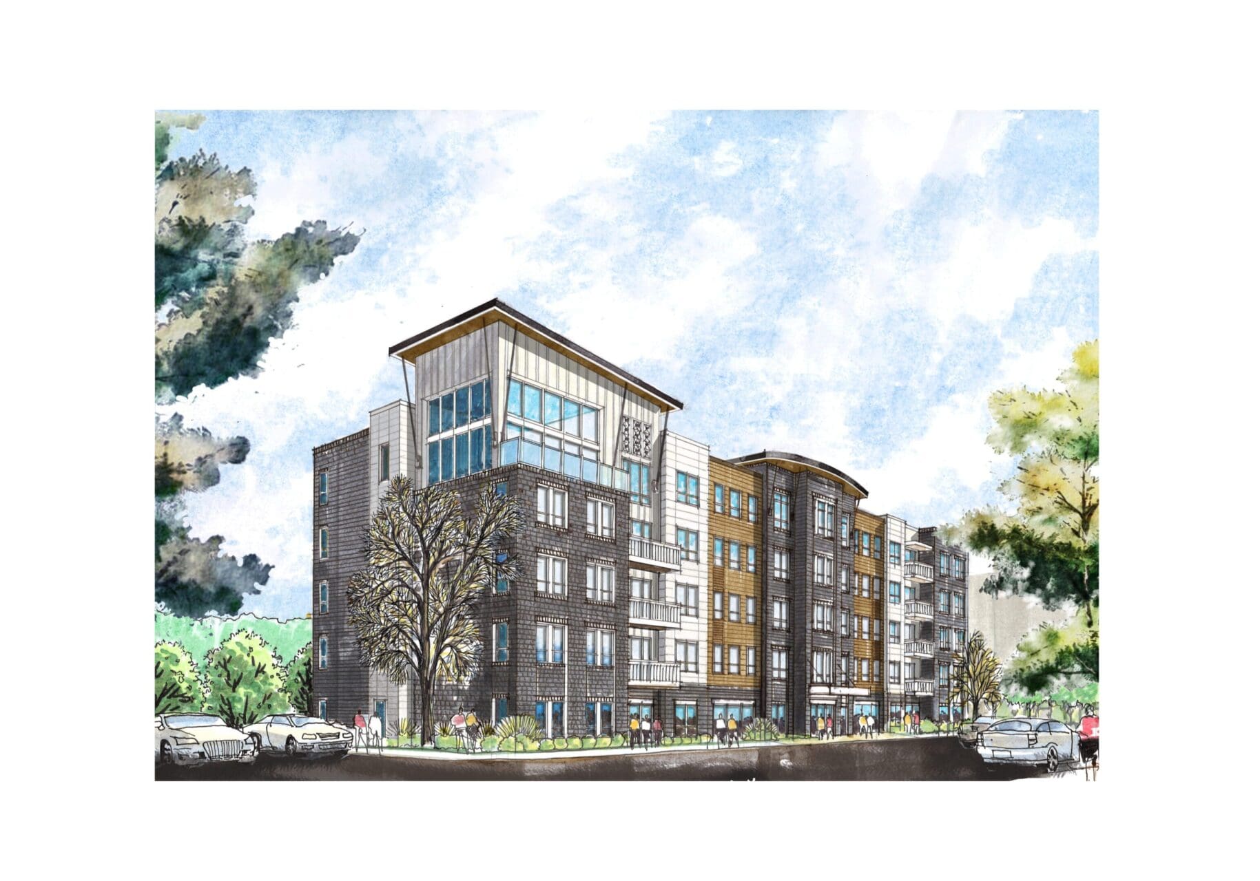 Modern apartment building with trees and cars.