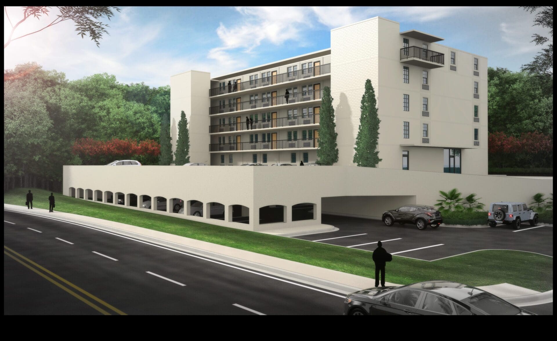 Modern apartment building with parking and trees.