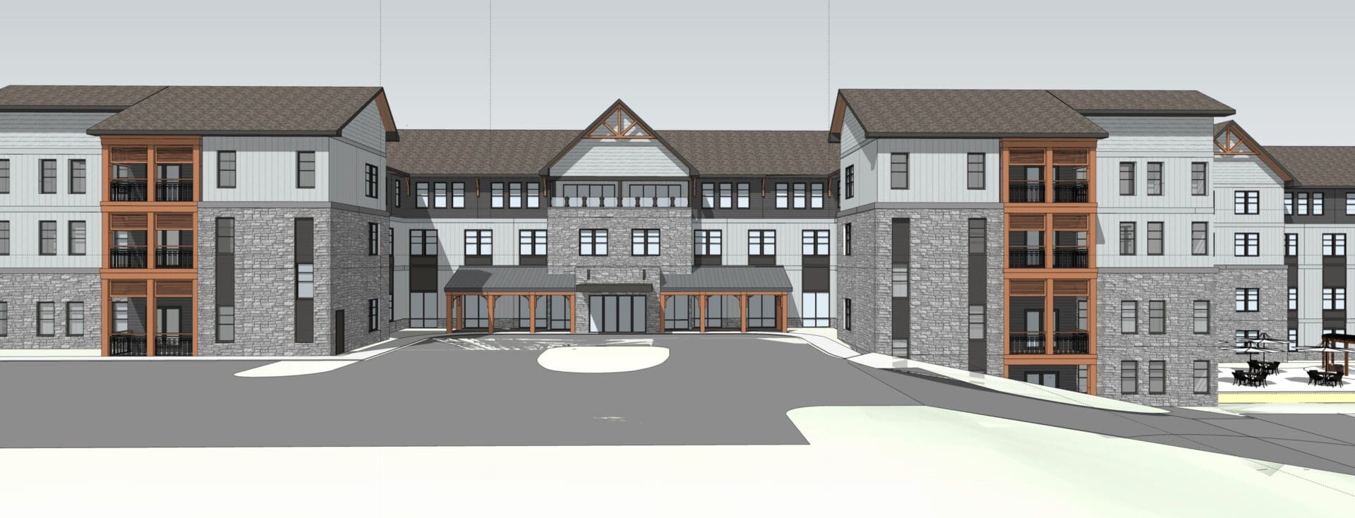3D rendering of a multi-story building.