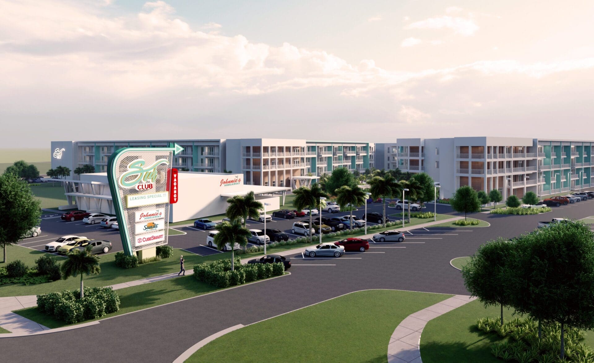Modern hotel complex with palm trees.