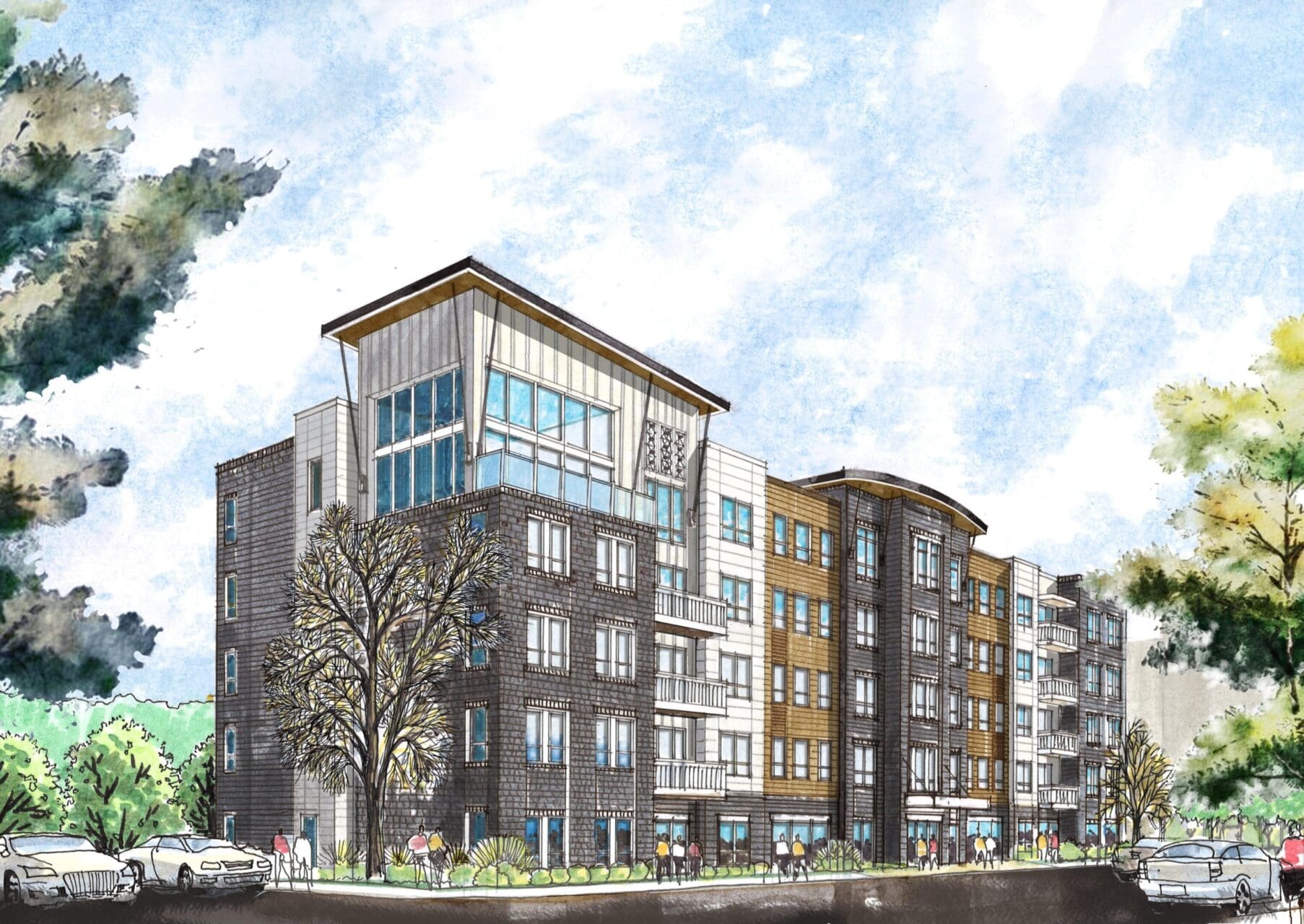 Modern apartment building with surrounding trees.