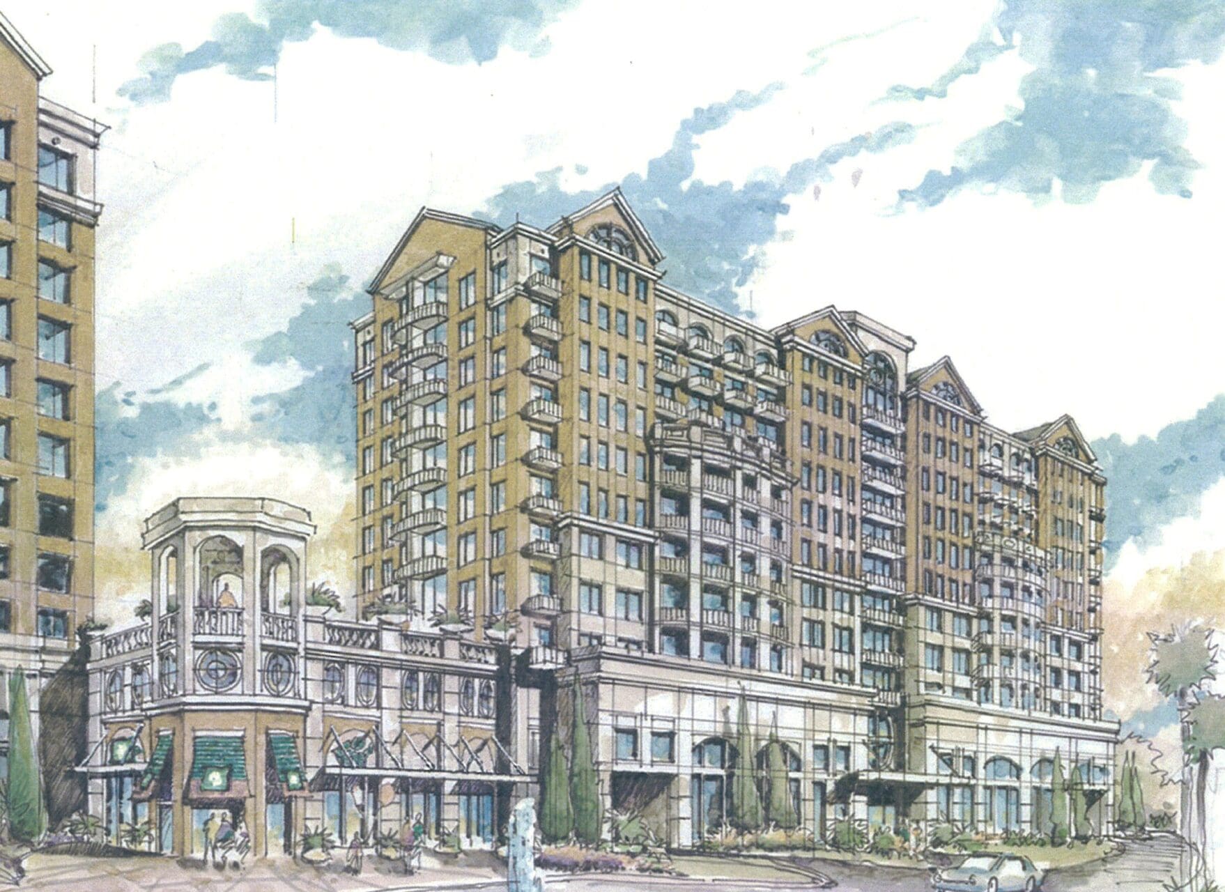 Architectural sketch of a multi-story building.
