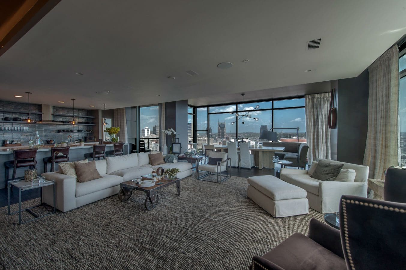 Modern living room with city view.