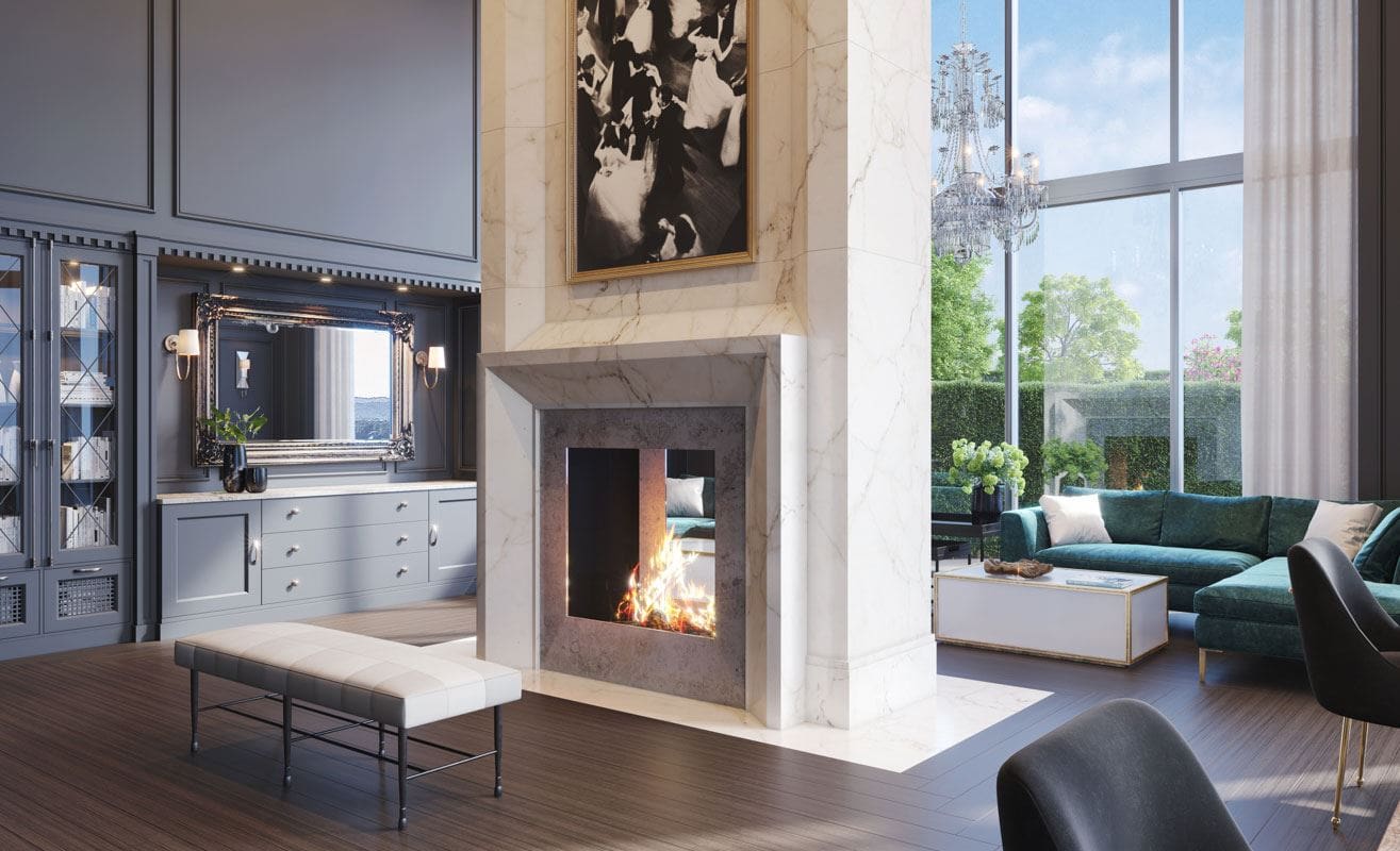 Luxury living room with fireplace and artwork.