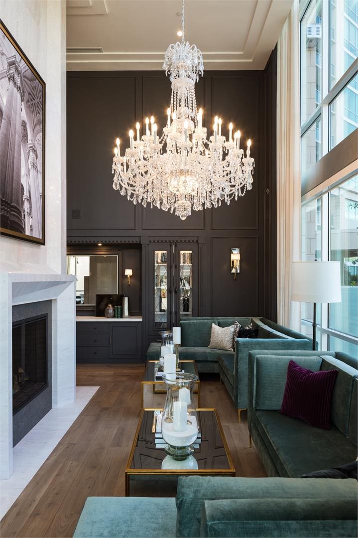 Elegant living room with large chandelier.