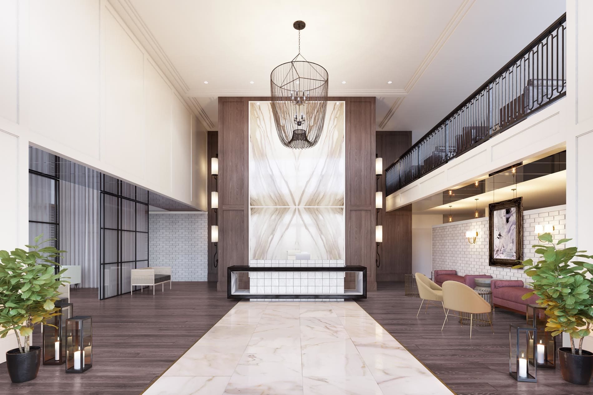 Contemporary hotel lobby with marble and chandelier