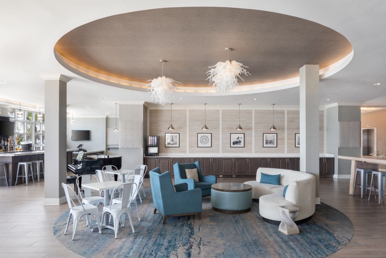 Modern lounge area with stylish seating arrangement.