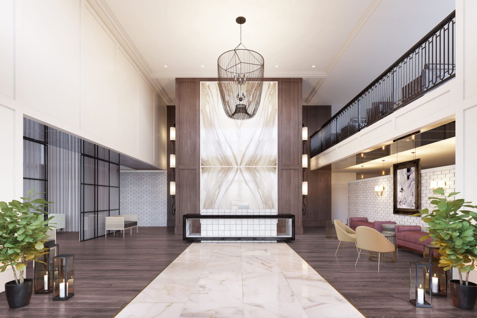 Modern hotel lobby with chandelier and seating.