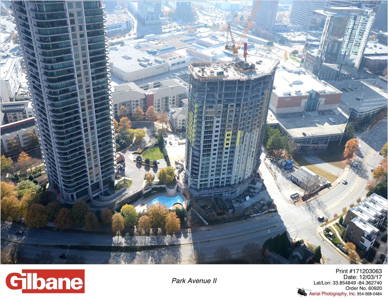 Aerial view of city buildings and construction.