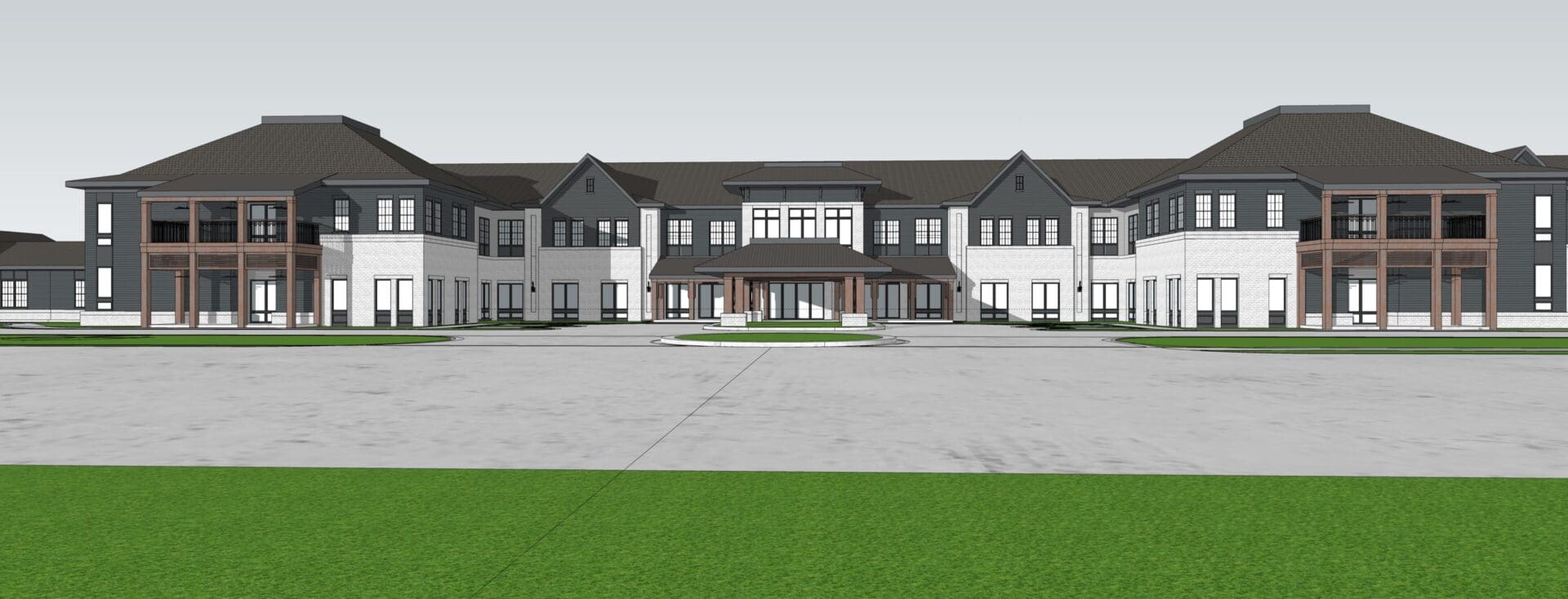 Two-story building with large entrance, daytime.