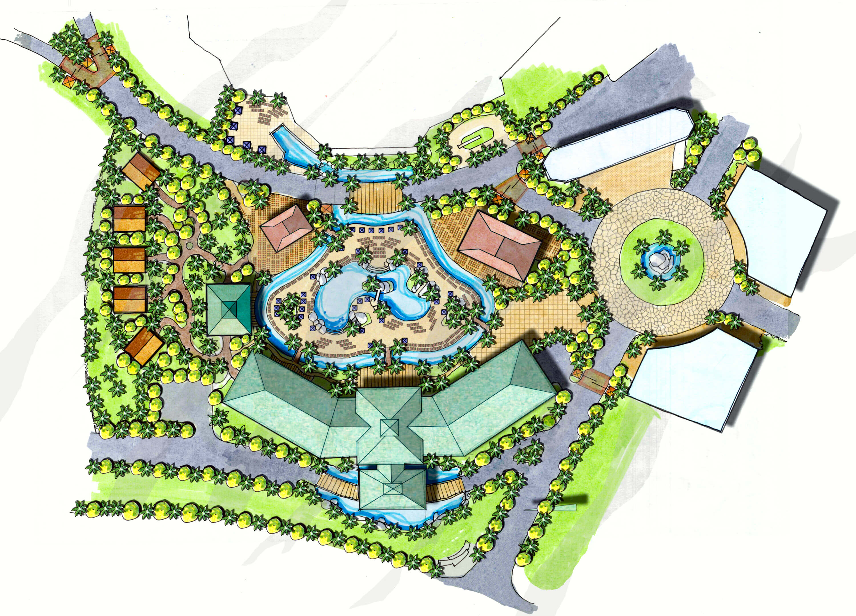 Architectural site plan with buildings and greenery.
