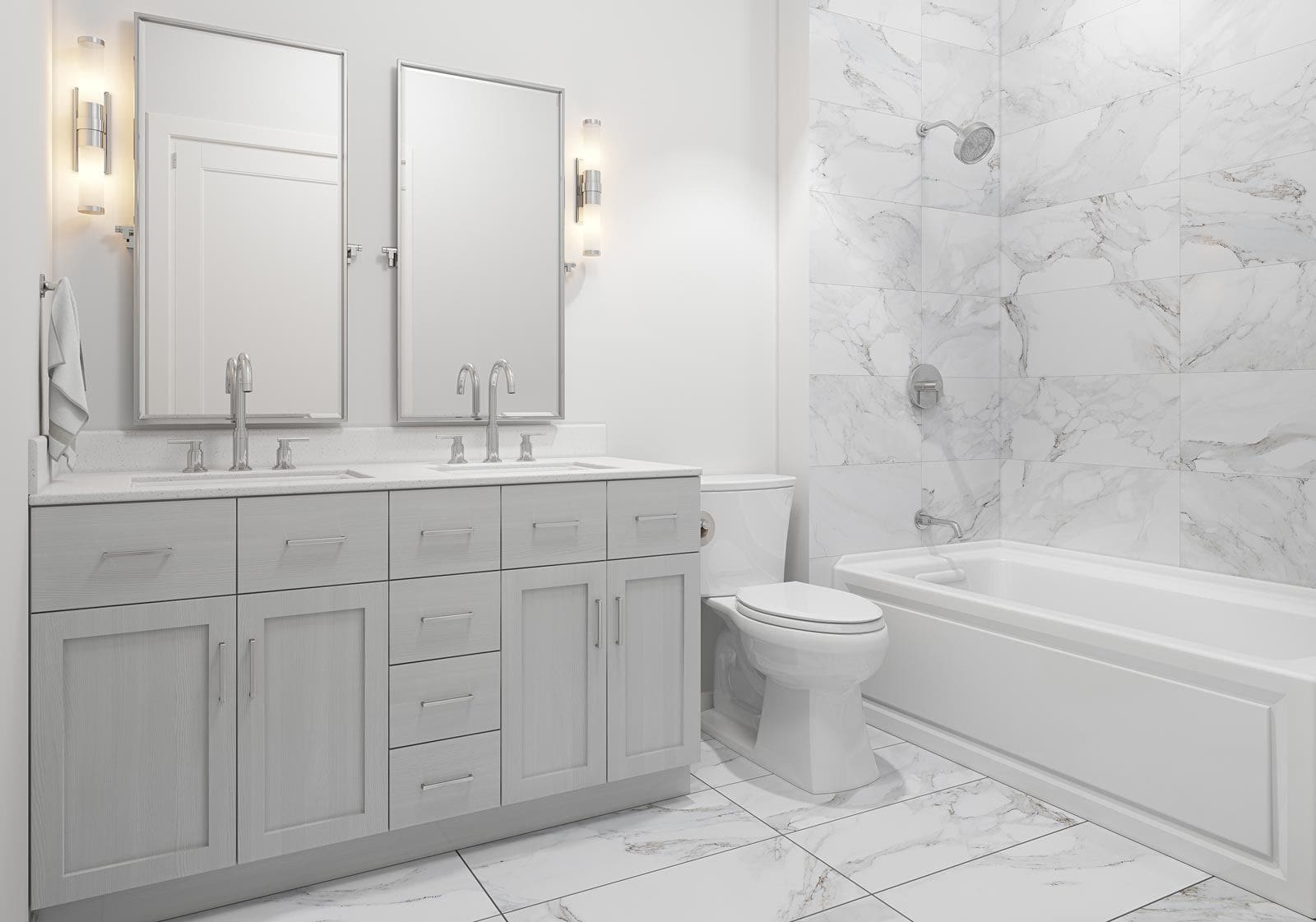 Modern bathroom with marble tiles and fixtures.