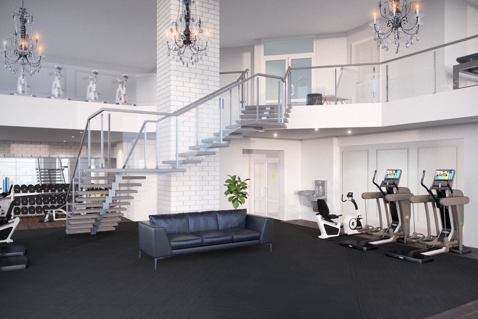 Modern gym with equipment and stylish decor.