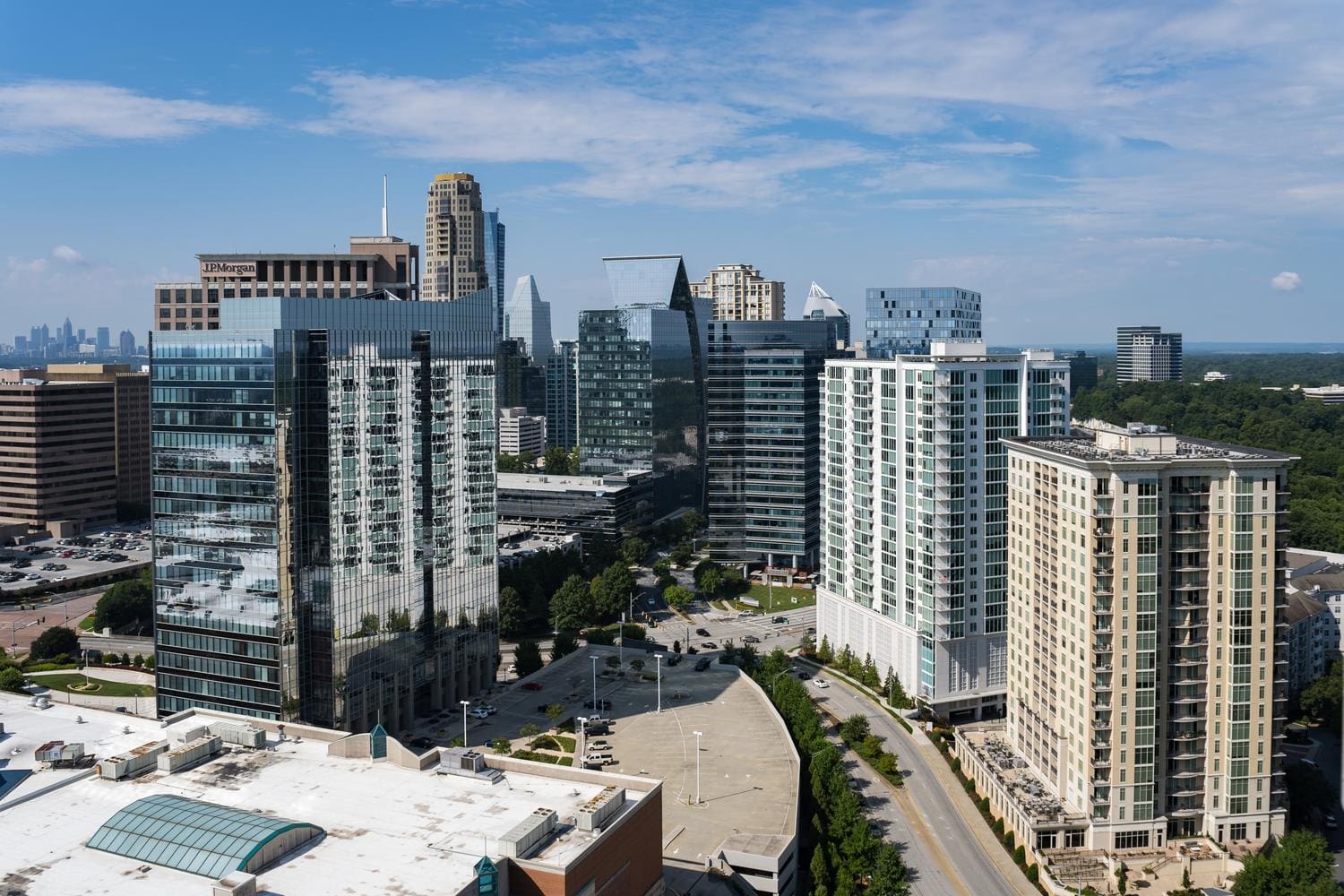 City skyline with modern high-rise buildings.