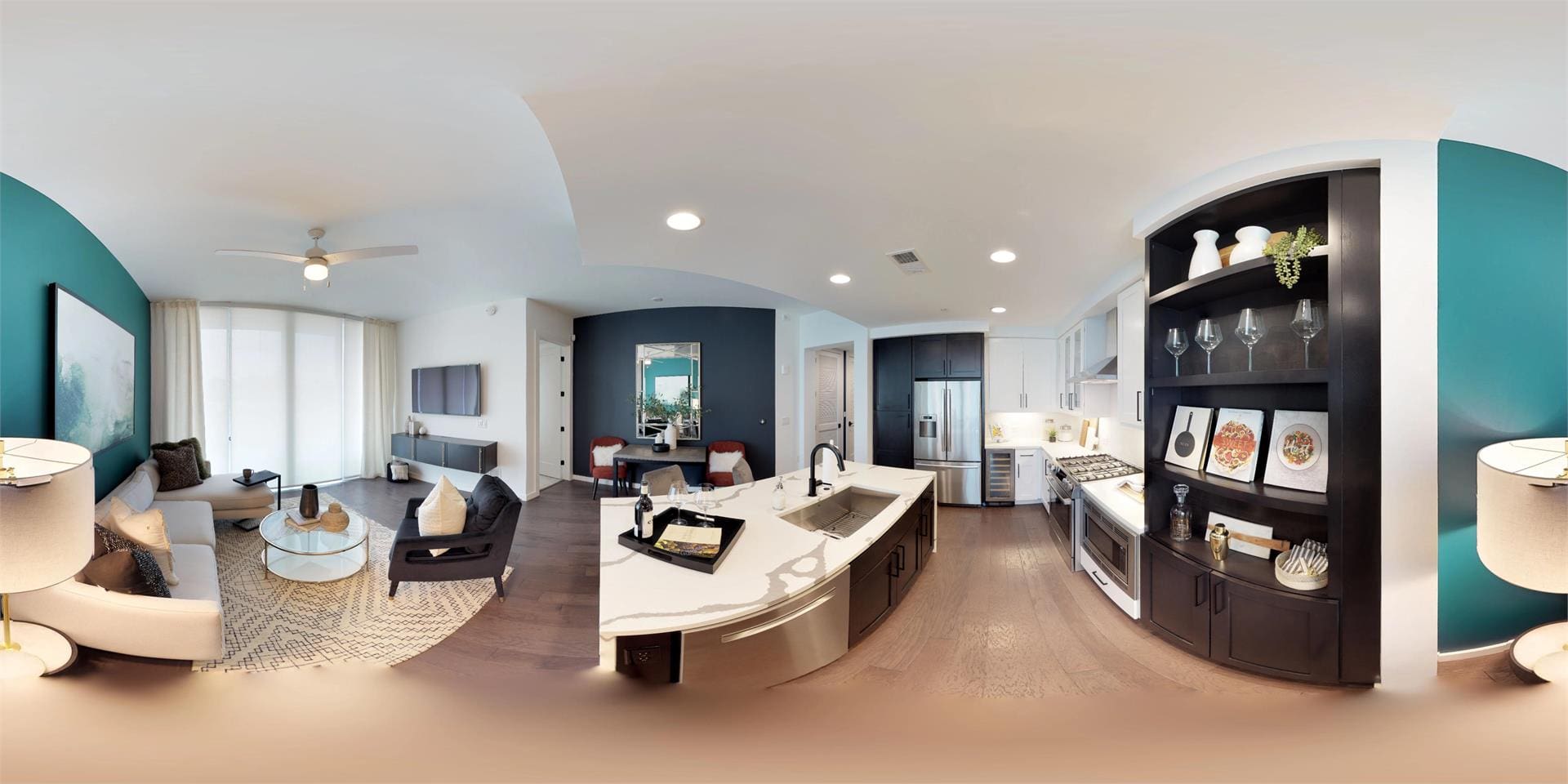 Modern open-plan kitchen and living room.