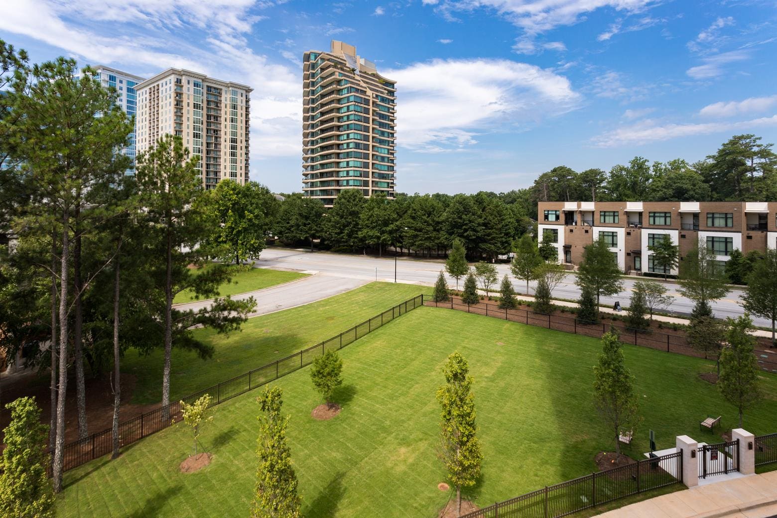 Cityscape with buildings and a green park.