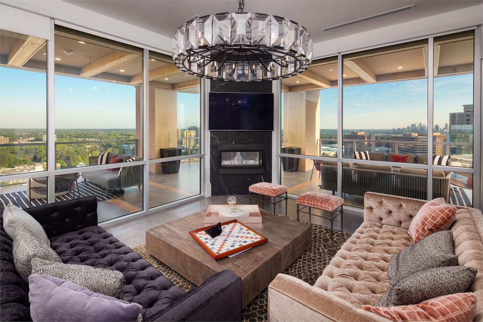 Luxurious high-rise living room with skyline views