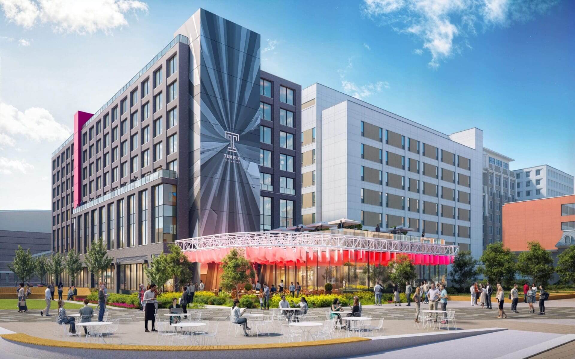 Modern building with outdoor seating and people.