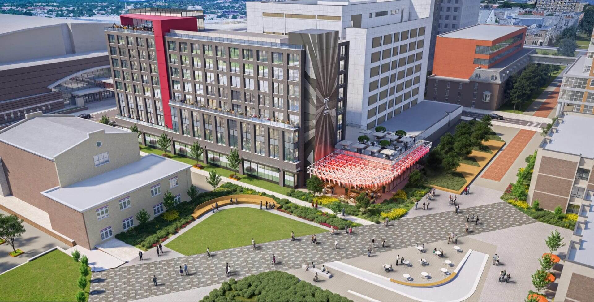 Modern urban development with landscaped surroundings.