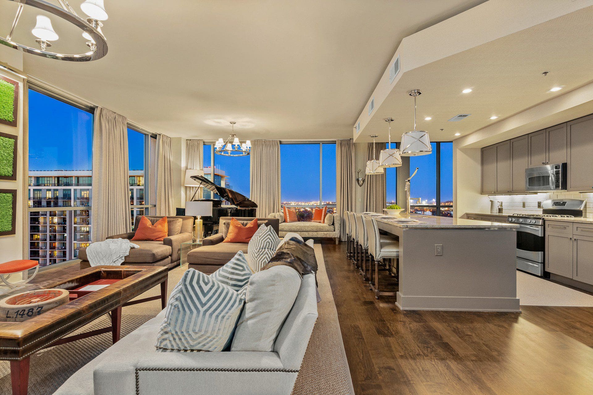 High-rise living room with grand piano