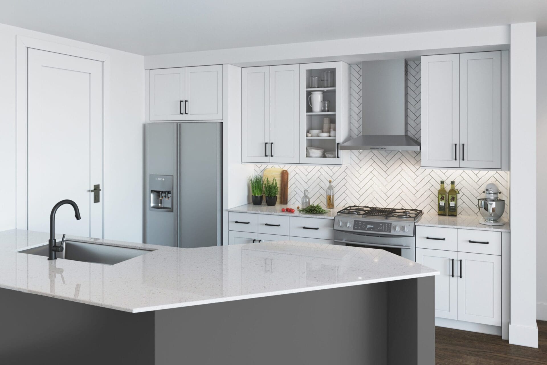Sleek white kitchen with herringbone backsplash