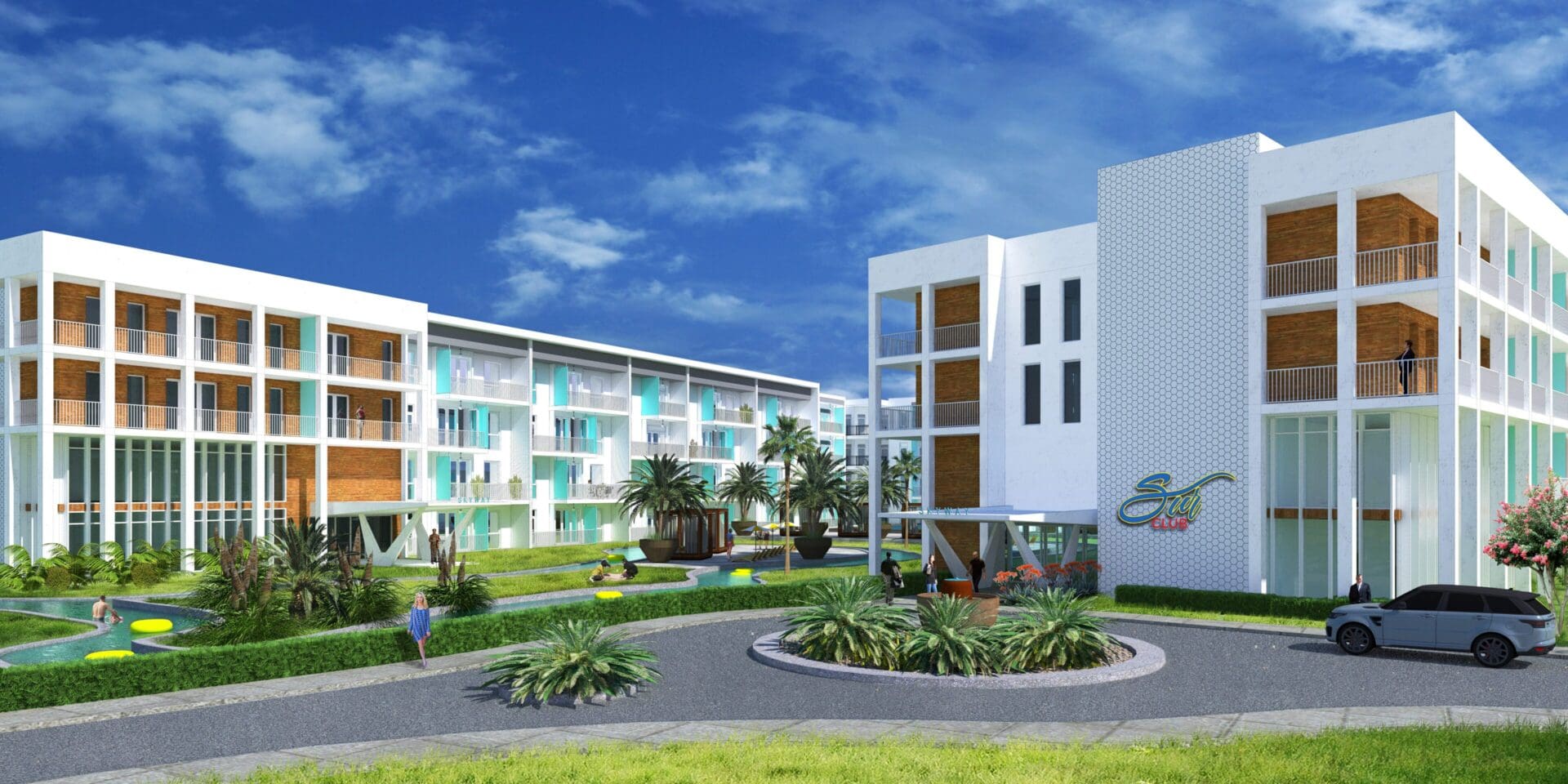 Modern apartment complex with landscaped surroundings.