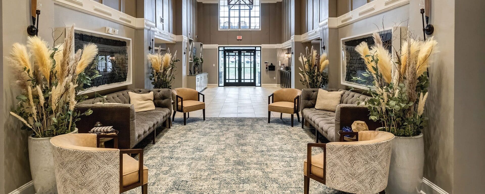 Elegant hotel lobby with modern seating area.