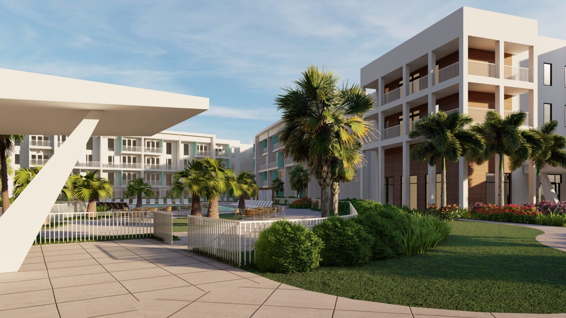 Modern resort with palm trees and gardens.