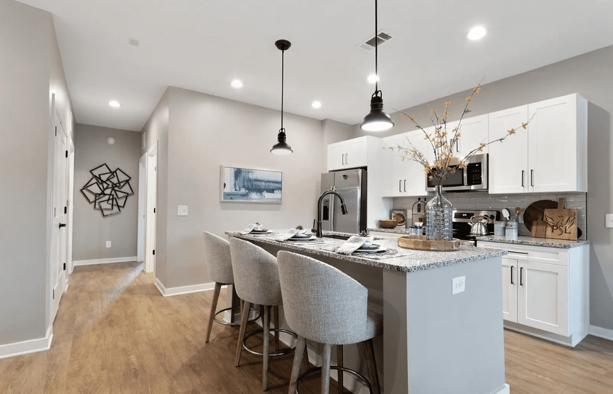 Modern kitchen island with pendant lights