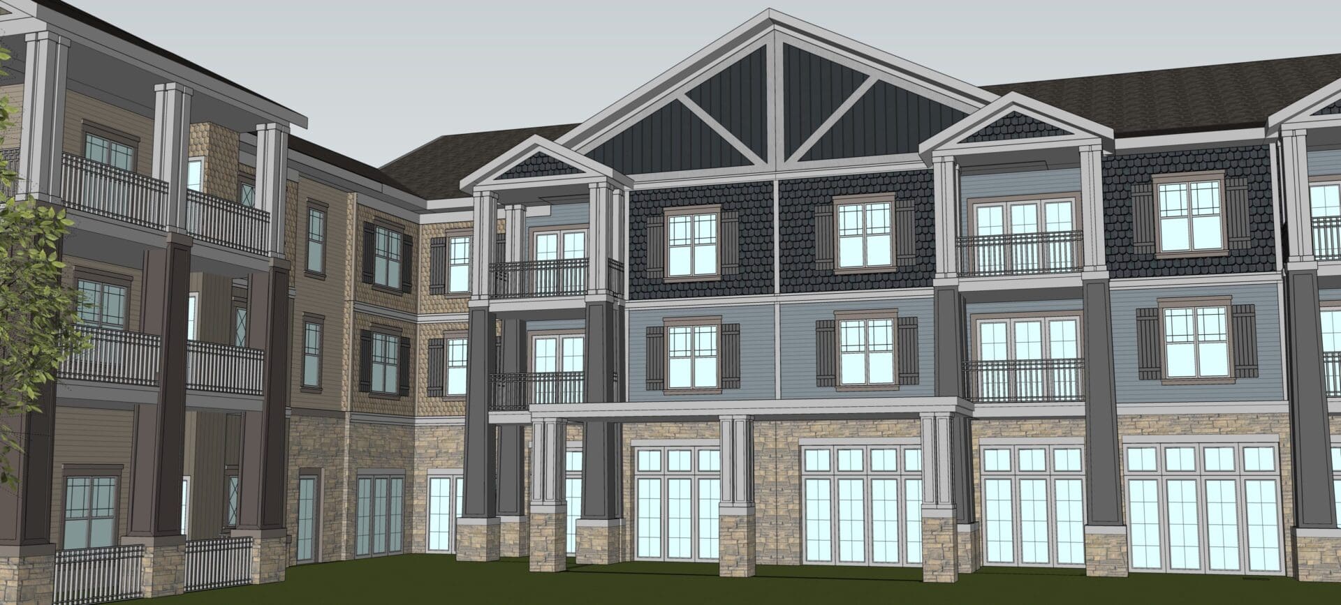 Three-story residential building with balconies.