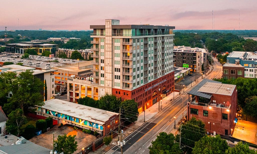 Aerial view of urban buildings and streets.