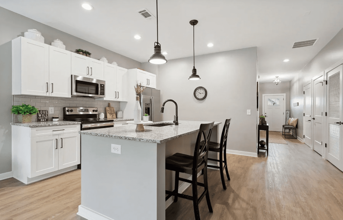 Modern kitchen with island and pendant lights