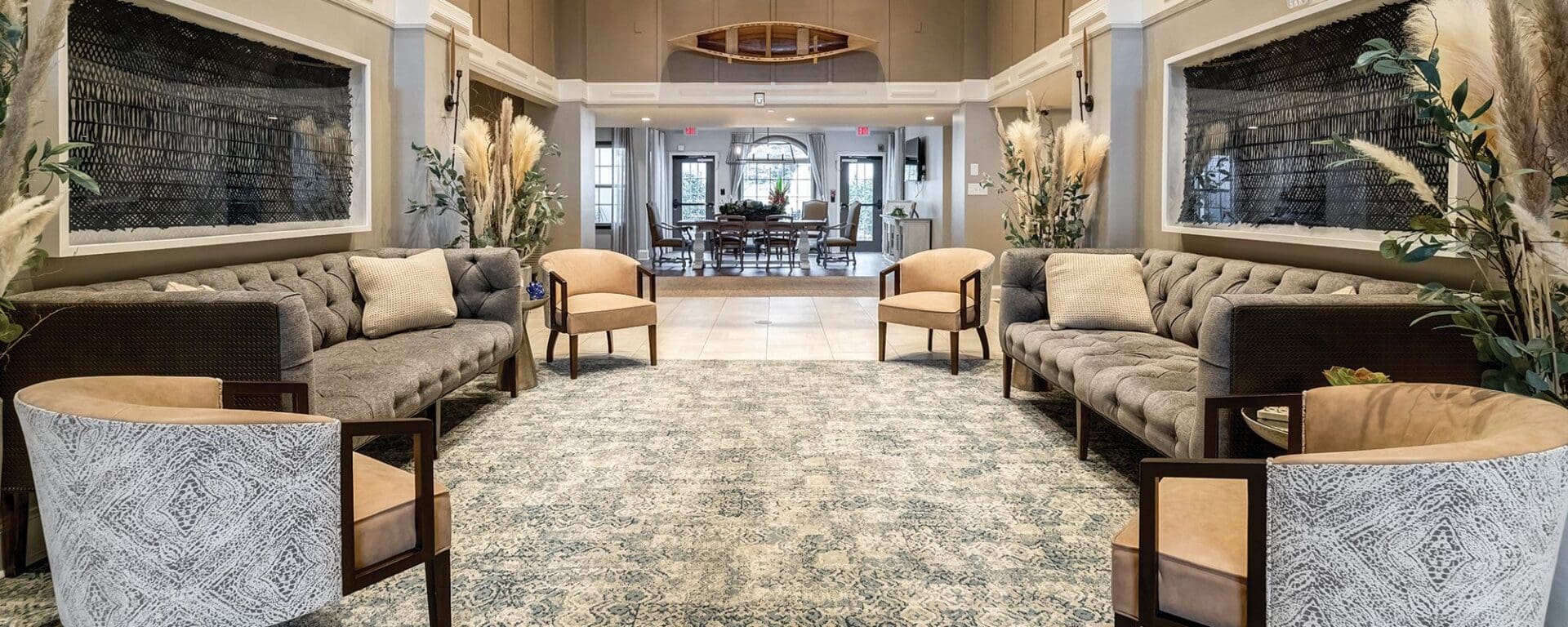 Elegant hotel lobby with modern seating arrangement.
