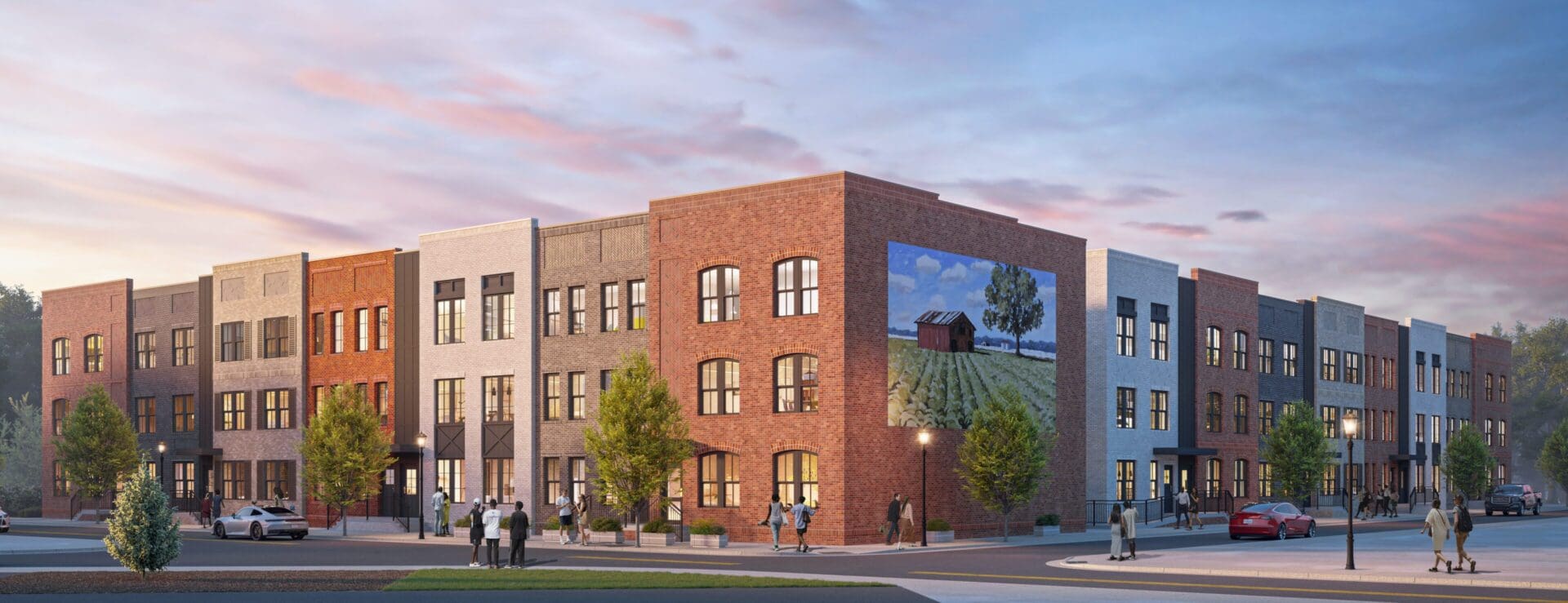 Modern brick apartment building with mural
