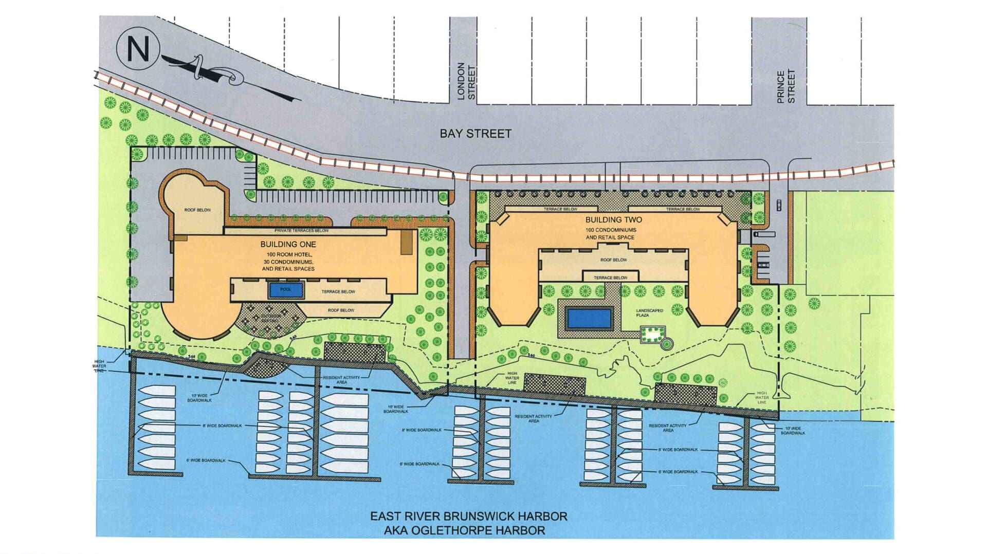 Marina map with buildings and docks layout.