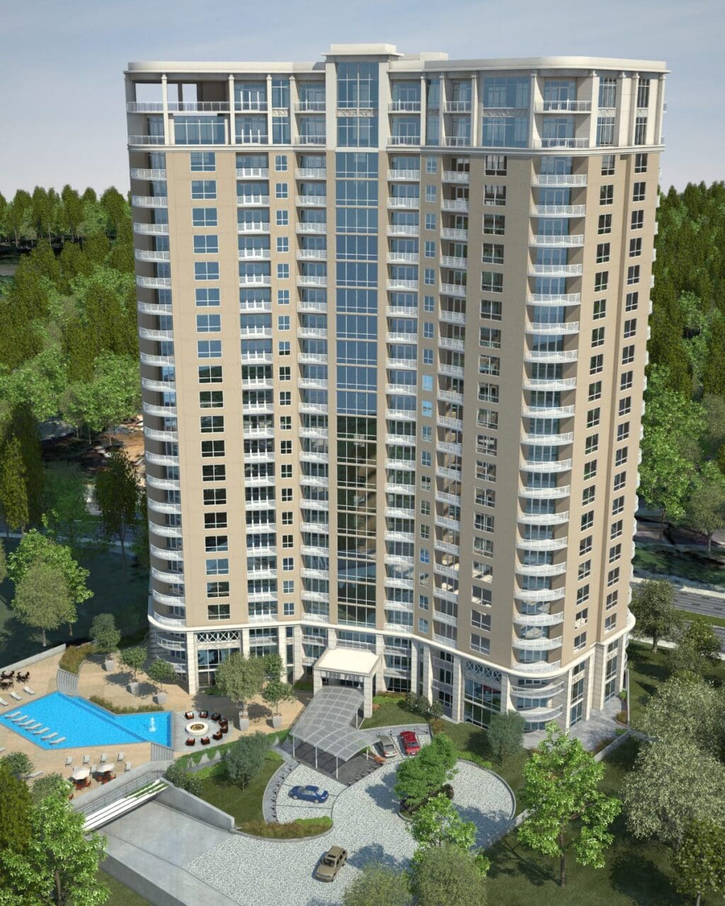 Tall apartment building with pool and trees.