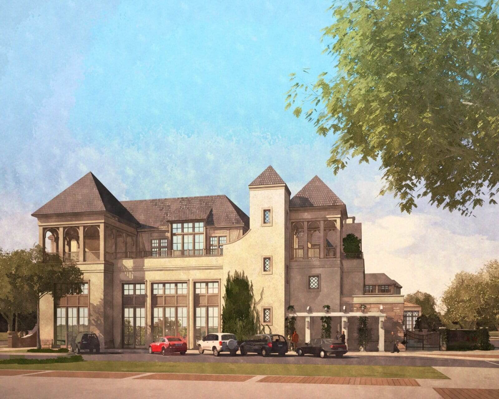 Elegant building with cars parked outside.