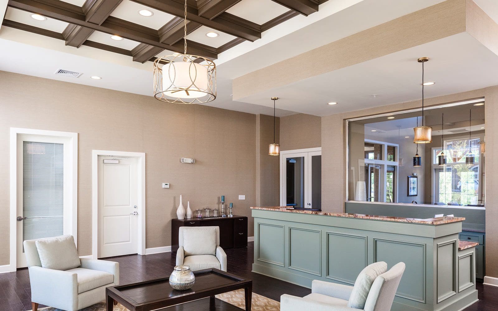 Modern office reception area with seating.