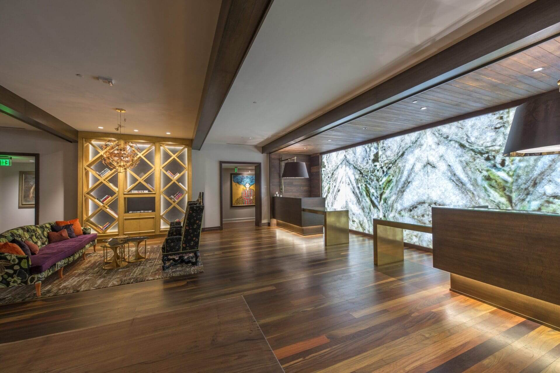 Modern hotel lobby with stylish interior design.