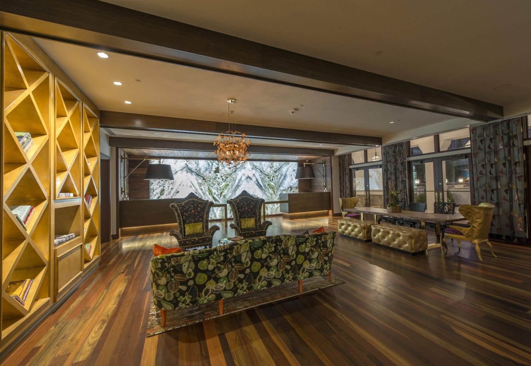 Elegant hotel lobby with luxurious seating area.