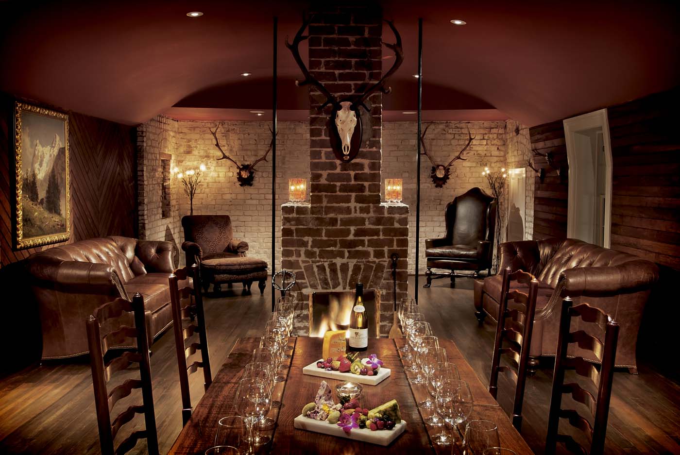 Cozy rustic wine cellar with long table