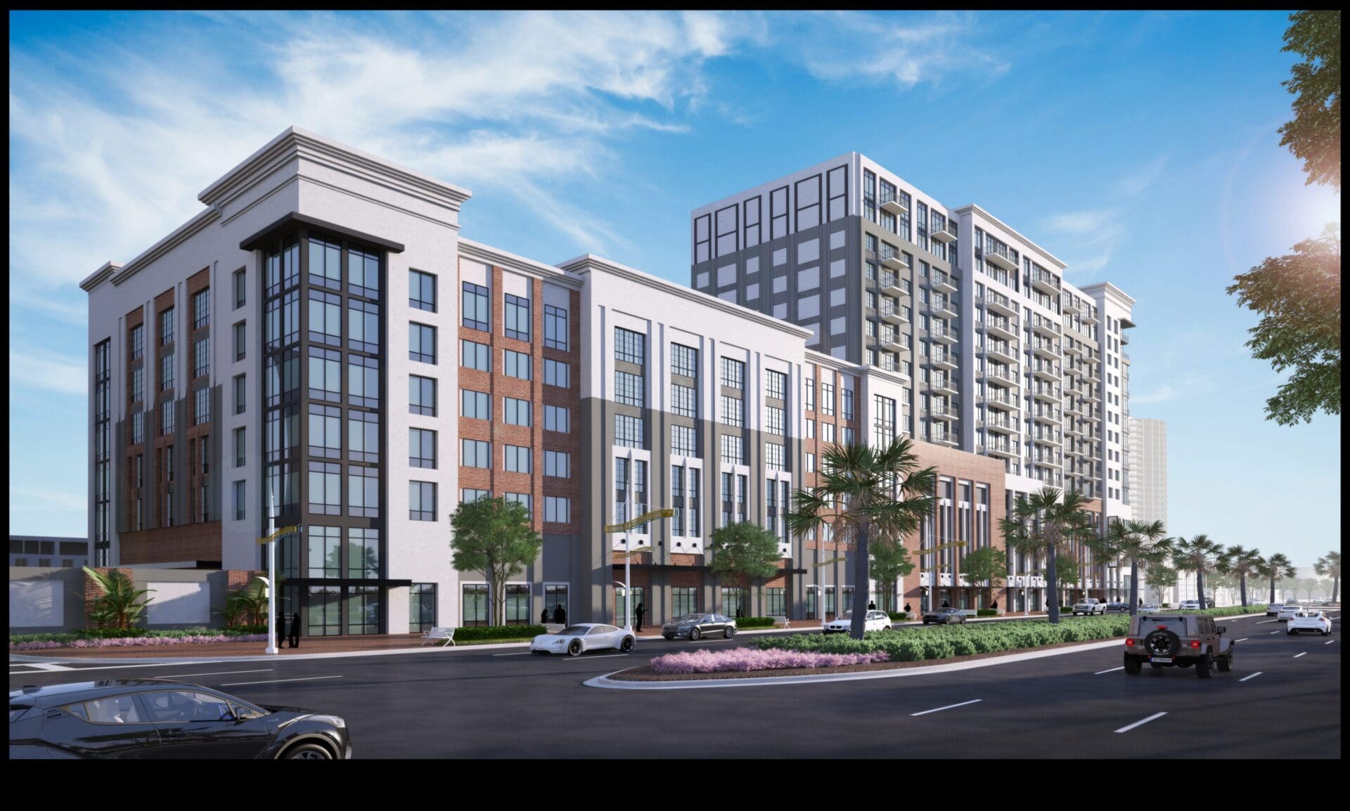 Modern urban building with palm trees.