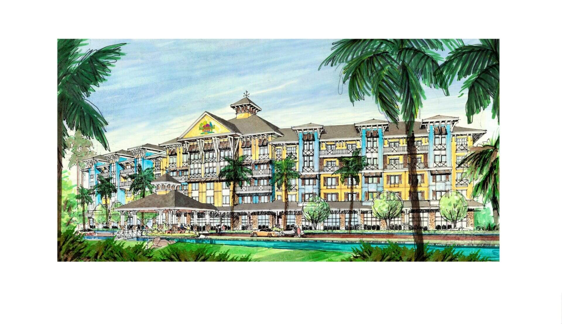 Tropical resort building with palm trees illustration.