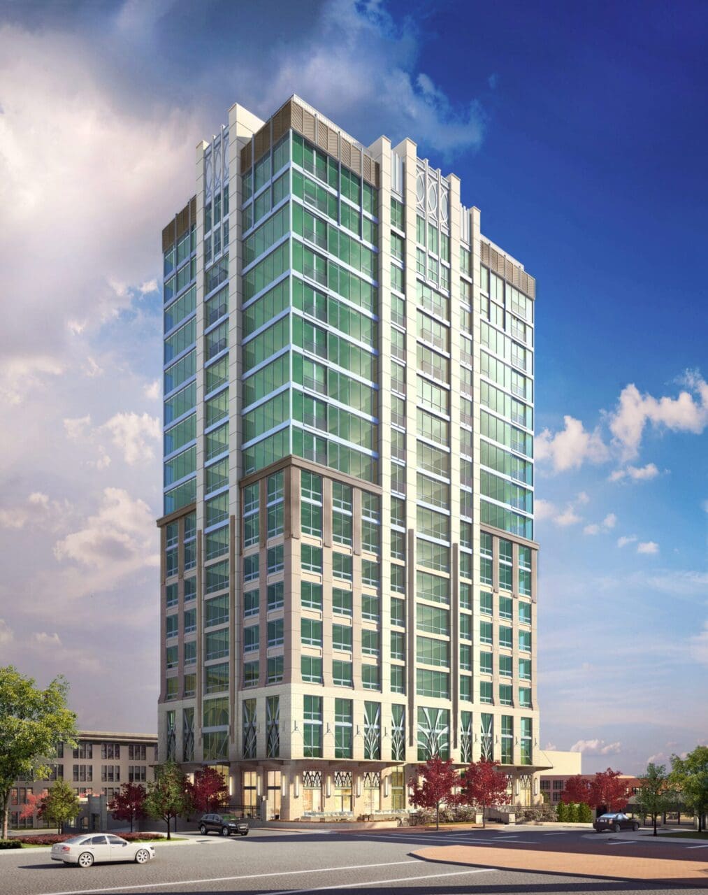Modern high-rise building under blue sky.
