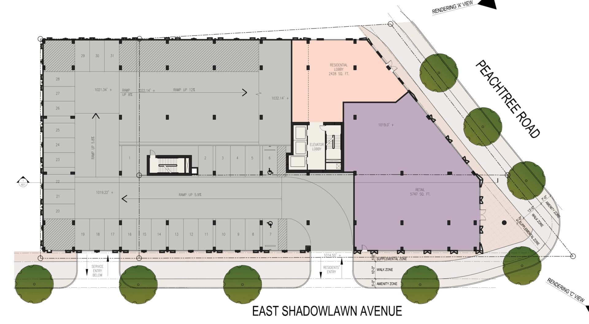 Building floor plan with labeled roads.