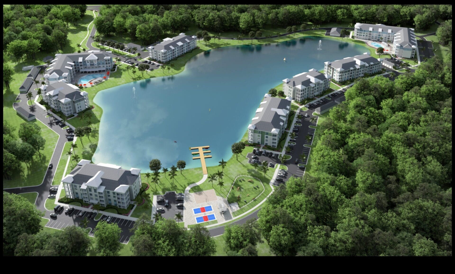 Aerial view of lakeside residential complex.