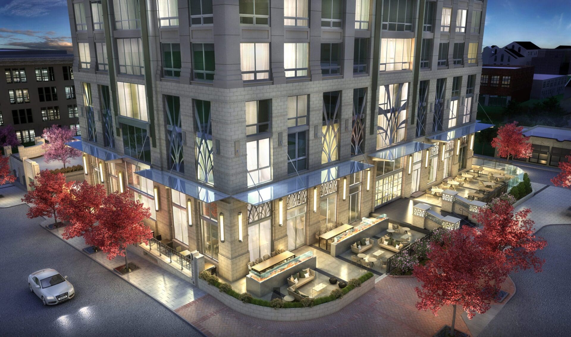 Modern building exterior with surrounding trees.