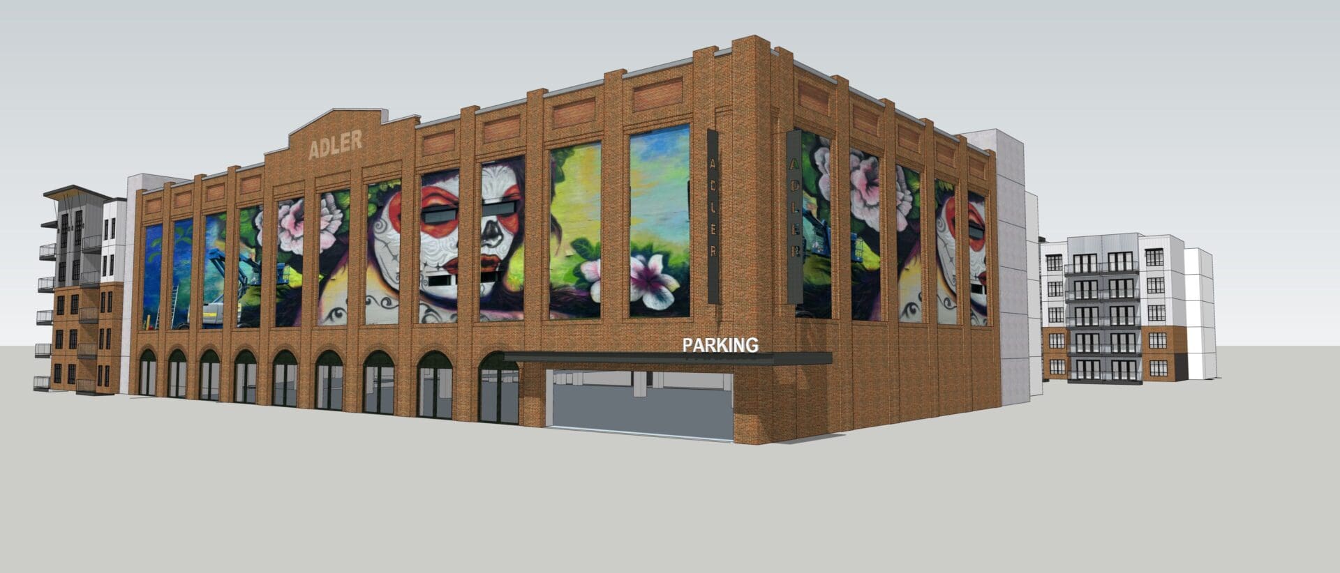 Building with colorful murals and parking sign.