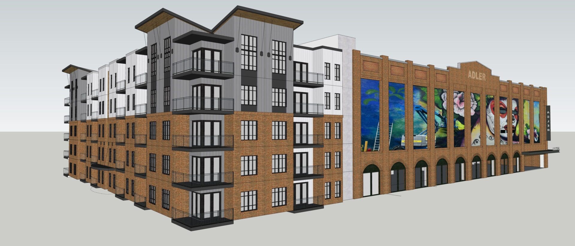 Modern building with colorful murals on facade.